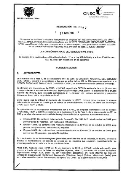 Resolución No. 2280 de 2011 - Comisión Nacional del Servicio Civil