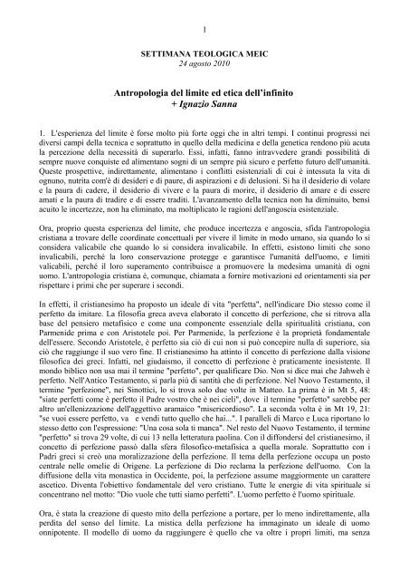 Antropologia del limite ed etica dell'infinito + Ignazio Sanna - Meic