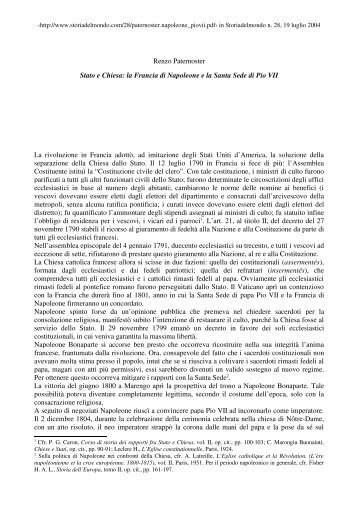 Stato e Chiesa: la Francia di Napoleone e la Santa Sede di Pio VII