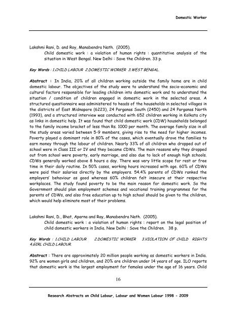 Research Abstracts on Child Labour Women Labour - Nipccd