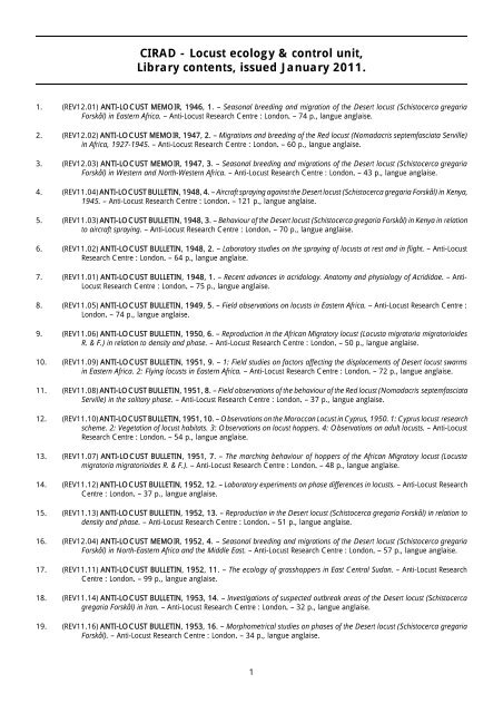 CIRAD - Locust ecology & control unit, Library contents, issued ...