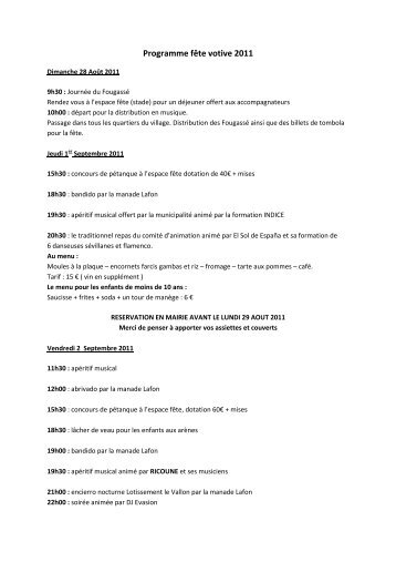 Programme fête votive 2011 - Restinclieres