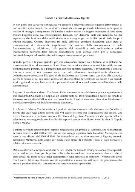 Presentazione Mauro Ciardo - Diocesi Ugento