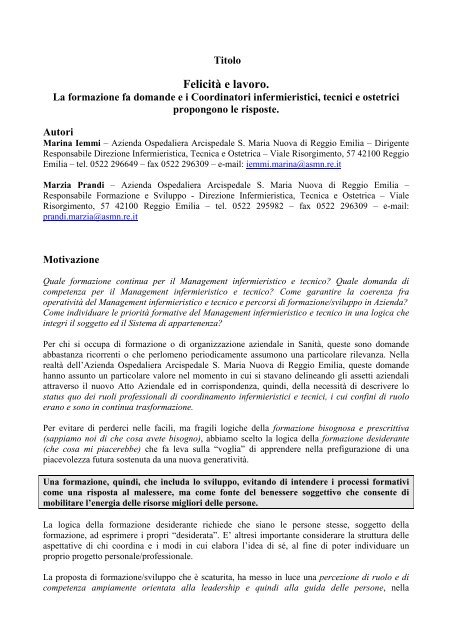 29 - Felicità e lavoro - AO Arcispedale SMN Reggio E - caposala.net