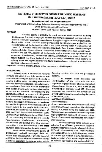 bacterial diversity in potable drinking water of mahabubnagar district