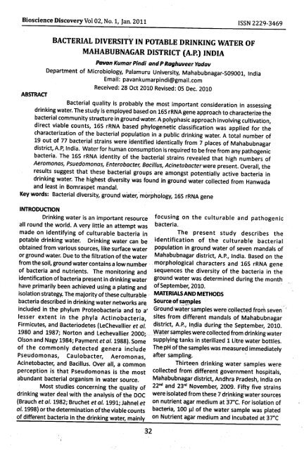 bacterial diversity in potable drinking water of mahabubnagar district