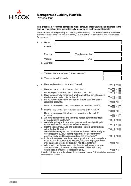 Management Liability Portfolio Proposal Form - Willis