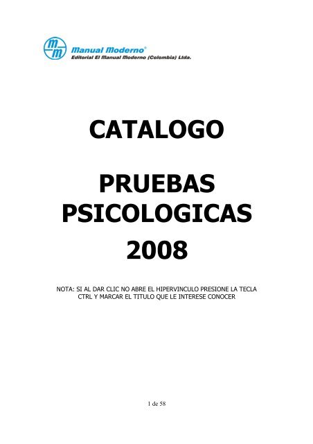 CATALOGO PRUEBAS PSICOLOGICAS AÑO 2008