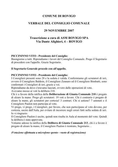 COMUNE DI ROVIGO VERBALE DEL CONSIGLIO COMUNALE 29 ...