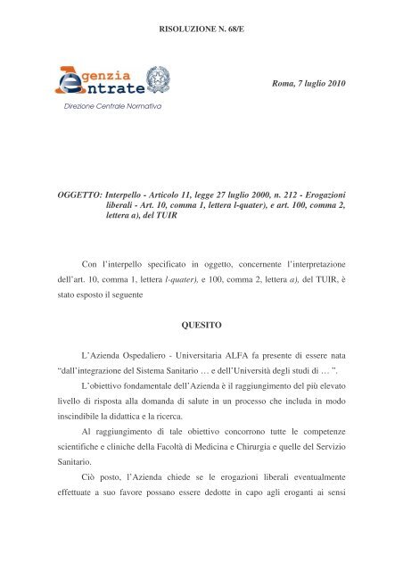 Risoluzione 68/E - Azienda Ospedaliera di Parma