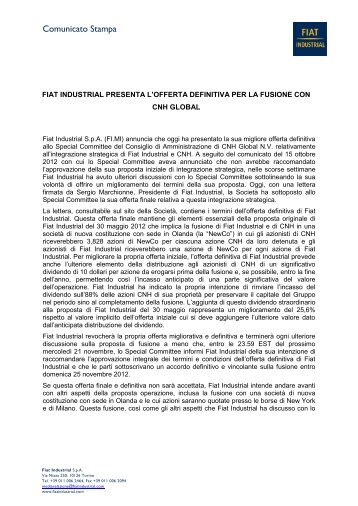 Fiat Industrial presenta l'offerta definitiva per la fusione con CNH ...