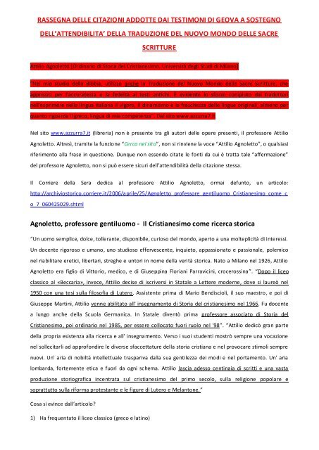 Rassegna Delle Citazioni Addotte Dai Testimoni Di Geova A Sostegno