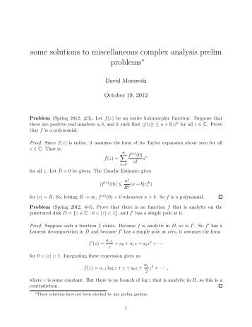 some solutions to miscellaneous complex analysis prelim problems