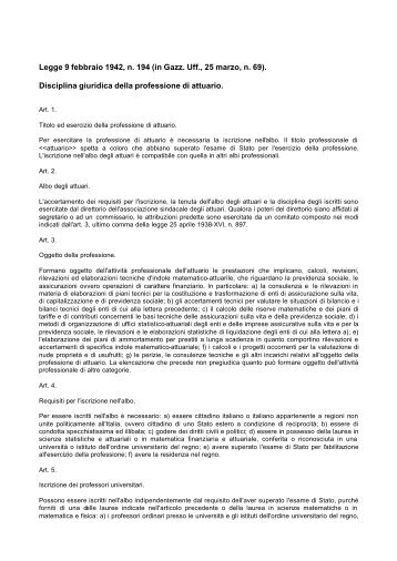 Disciplina giuridica della professione di attuario. - Ania