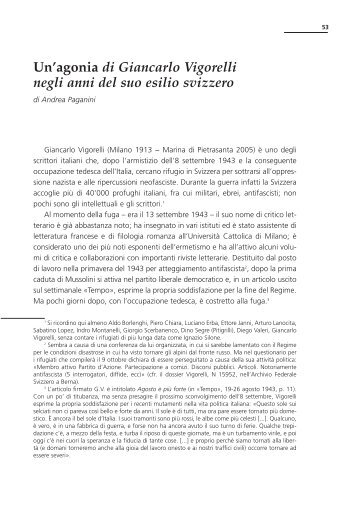 di Giancarlo Vigorelli negli anni del suo esilio svizzero, in «Cenobio