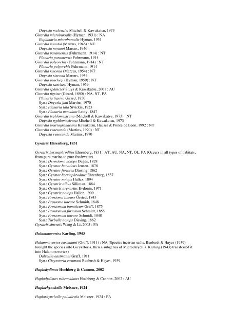 Platyhelminthes-Turbellaria checkList - FADA