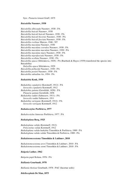 Platyhelminthes-Turbellaria checkList - FADA