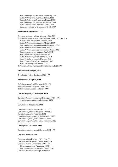 Platyhelminthes-Turbellaria checkList - FADA