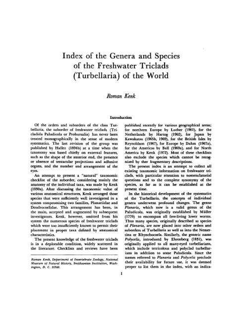 of the Genera and Species of the Freshwater Triclads - Smithsonian ...