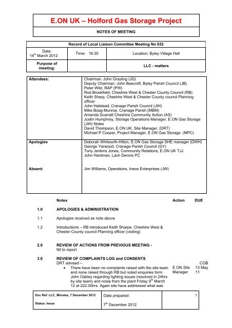 Record of Cheshire Gas Storage Progress Meeting - E.ON UK