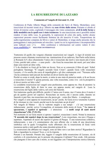 Commento di Alberto Maggi al Vangelo di Giovanni 11, 1 ... - 0721.Net