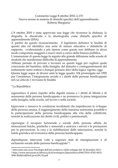 Commento Legge 8 ottobre 2010, n.170 Nuove norme in materia di ...