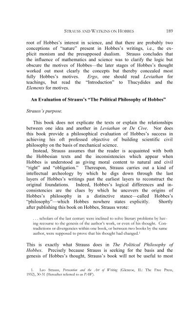 Strauss and Watkins on Hobbes' Political Philosophy: A Review