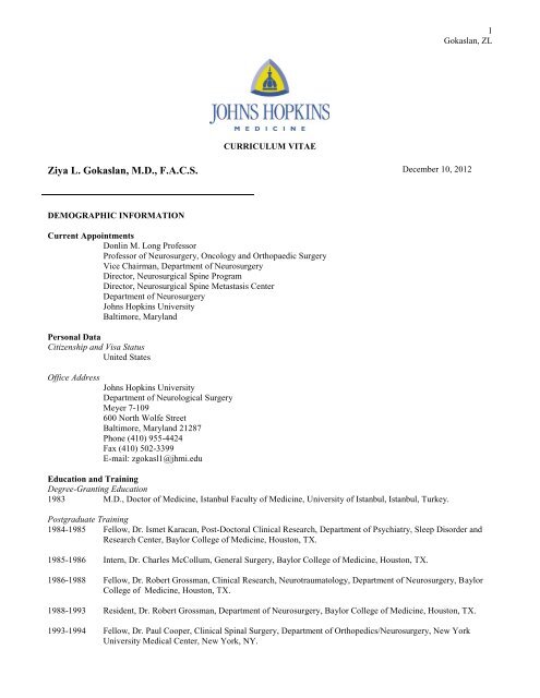 Dr. Ziya Gokaslan, Curriculum Vitae - Johns Hopkins Medical ...