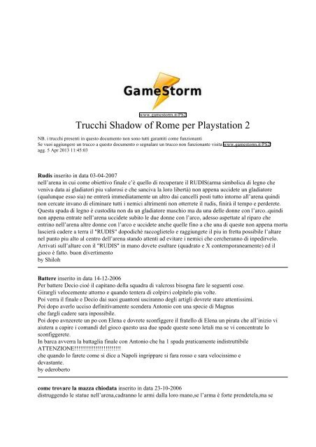 Trucchi Shadow of Rome per Playstation 2 - GameStorm.it