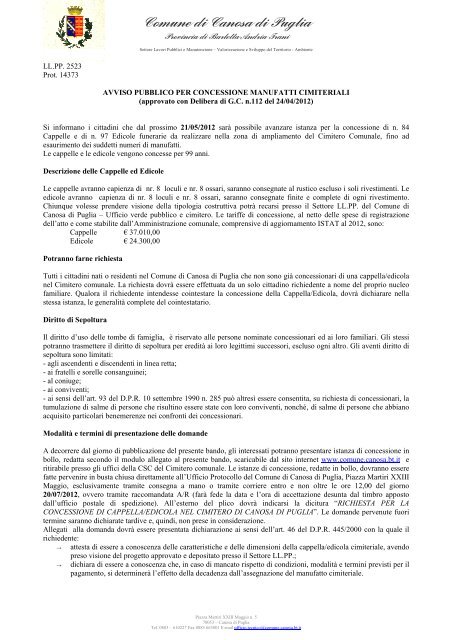 Avviso Concessione Manufatti Cimiteriali-1.pdf - Comune di Canosa ...