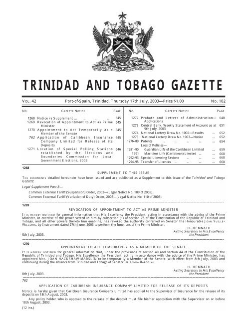 Gazette No. 102 of 2003.pdf - Trinidad and Tobago Government News