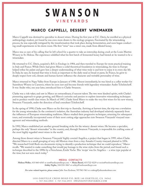 MARCO CAPPELLI, DESSERT WINEMAKER - Swanson Vineyards