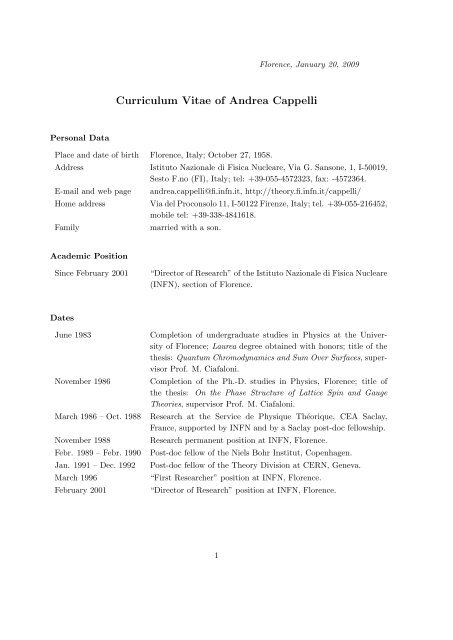 Curriculum Vitae of Andrea Cappelli - Florence Theory Group - Infn