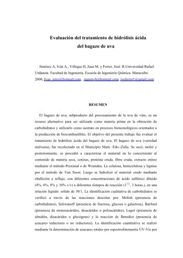 Evaluación del tratamiento de hidrólisis ácida del bagazo de uva