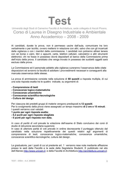 Test di ammissione anni precedenti - test.unicam - Università degli ...