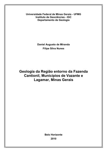 Geologia da região entorno da fazenda Cantionil, municípios - UFMG