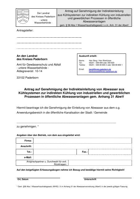 Antragsformular zum Anhang 31 (Kühlwasser) - Kreis Paderborn