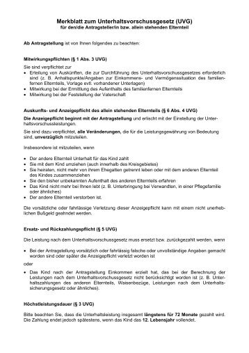 Merkblatt zum Unterhaltsvorschussgesetz (UVG)