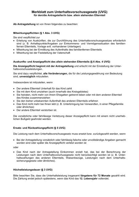 Merkblatt zum Unterhaltsvorschussgesetz (UVG)