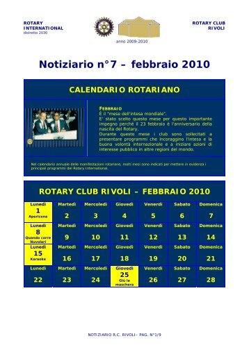 Notiziario n°7 – febbraio 2010 CALENDARIO ... - Rotary Club Rivoli