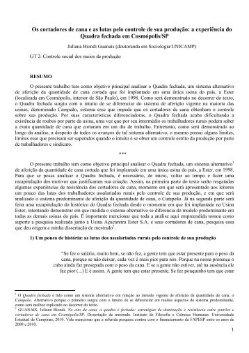 Os cortadores de cana e as lutas pelo controle de sua produção: a ...