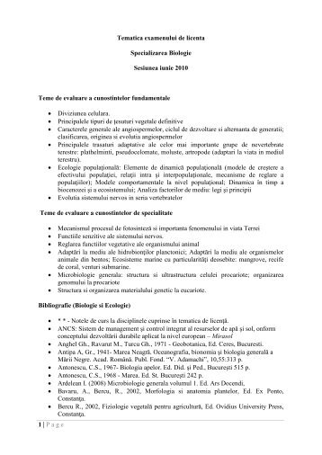 SPECIALIZAREA BIOLOGIE TEMATICA EXAMENULUI DE LICENTA