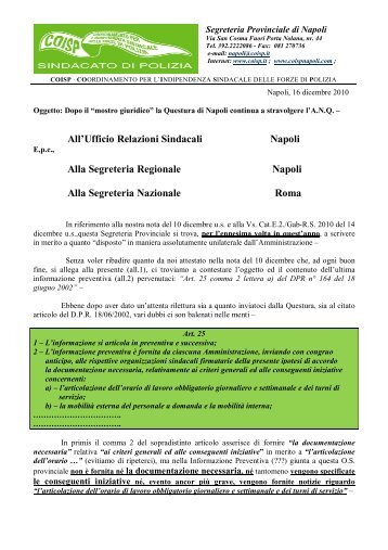 All'Ufficio Relazioni Sindacali Napoli Alla Segreteria ... - COISP Napoli