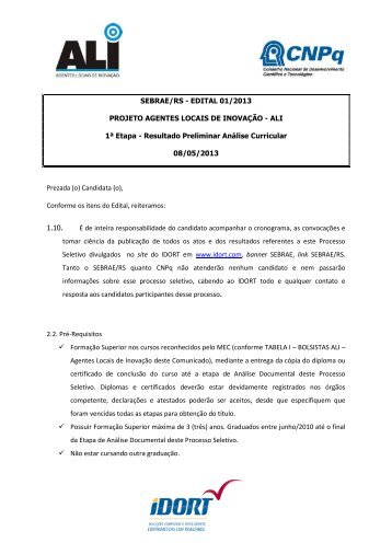 Resultado Preliminar da 1ª Etapa – Análise Curricular – ALI - IDORT