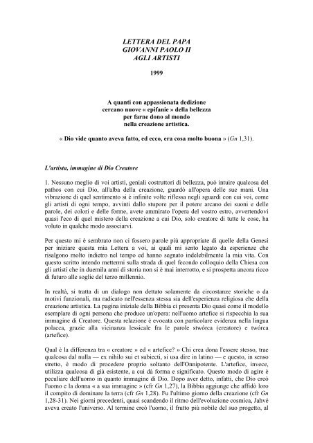 lettera del papa giovanni paolo ii agli artisti - S. Girolamo a Corviale