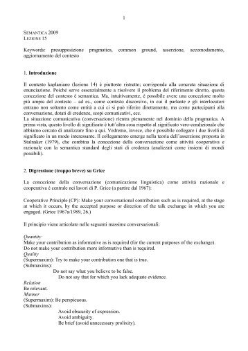 presupposizione pragmatica, common ground, asserzione ...