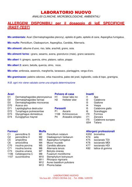 Elenco allergie rilevabili - Laboratorionuovo.it