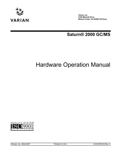 Saturn® 2000 GC/MS Hardware Operation Manual