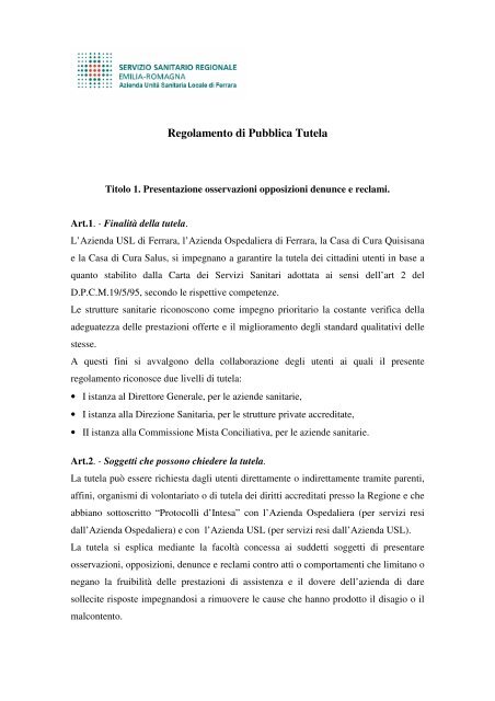 Regolamento di Pubblica Tutela - Azienda USL di Ferrara