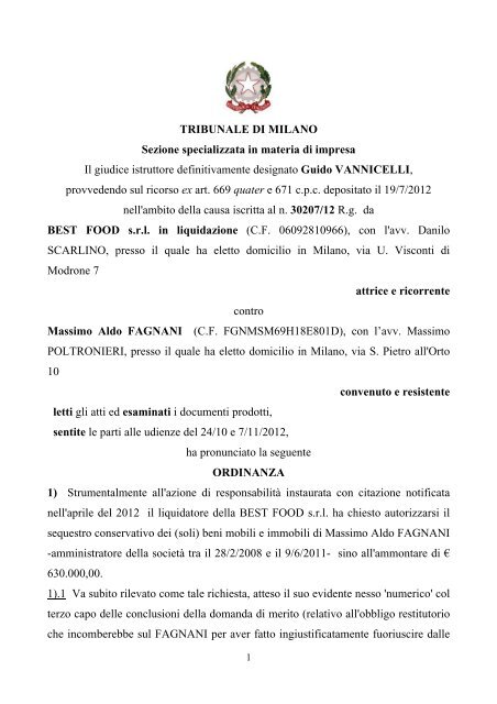 TRIBUNALE DI MILANO Sezione specializzata in materia di impresa ...